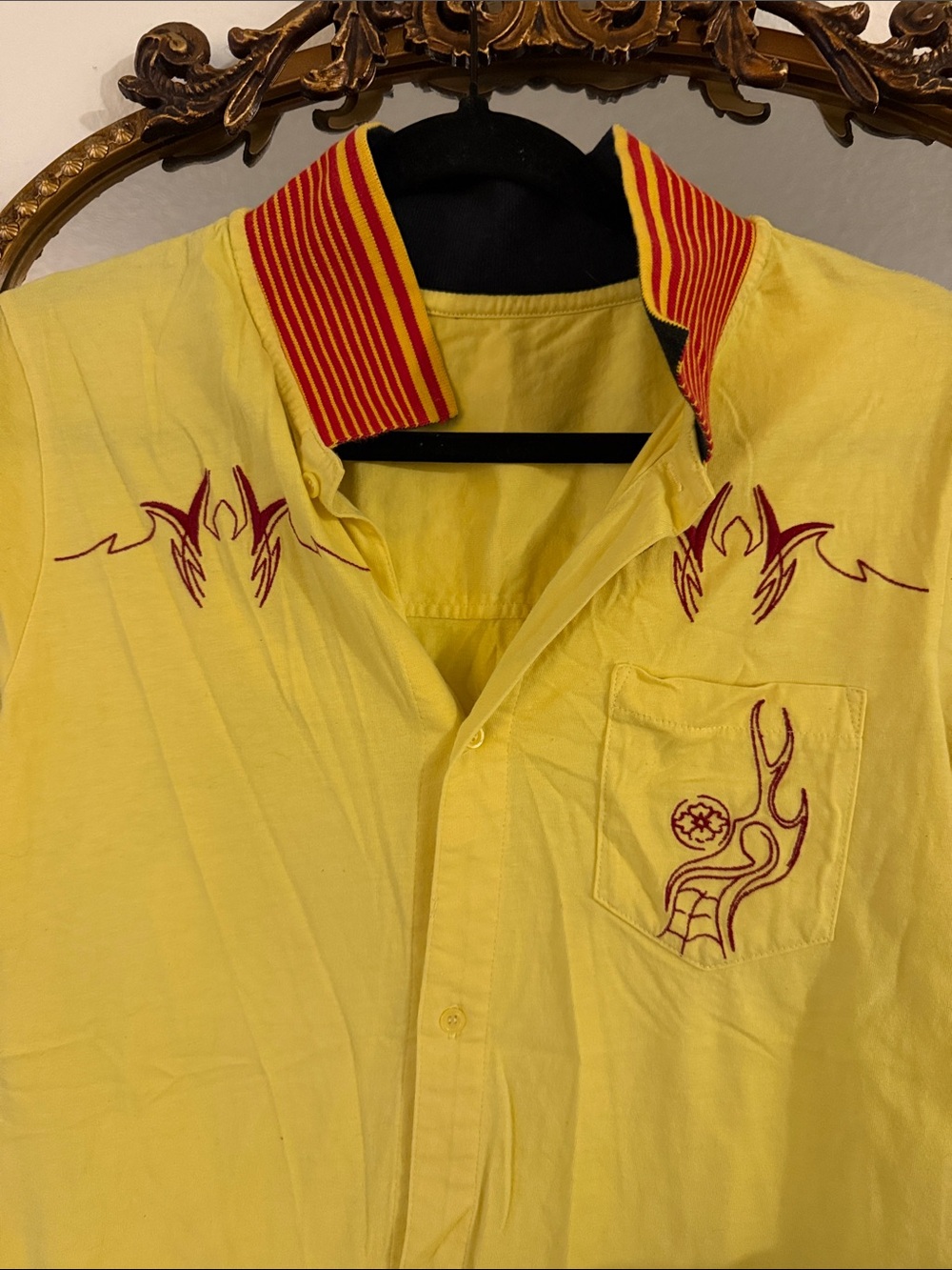 Yellow Short-Sleeve Button-Up Shirt with Red Accent - Picture 2 of 5